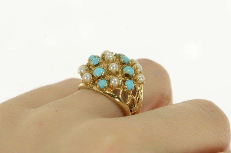 14K Yellow Gold 1960's Pearl Turquoise Domed Vintage Cocktail Ring