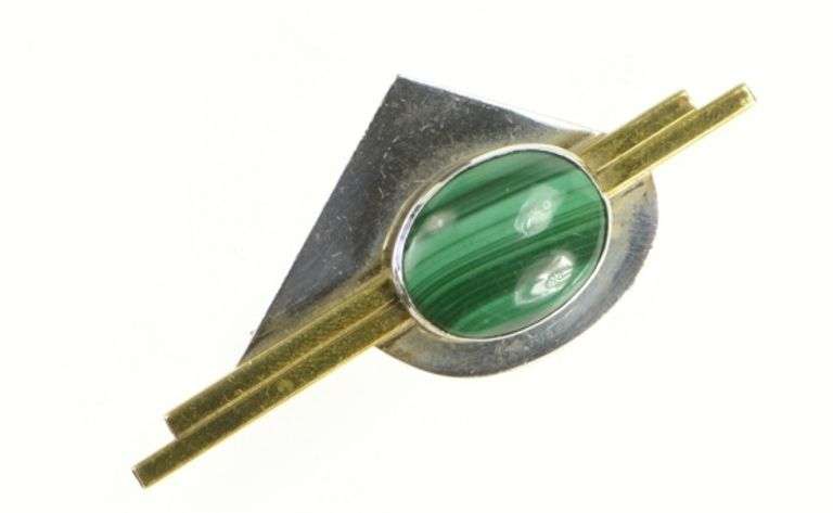 Sterling Silver Modernist Malachite Cabochon Geometric Pin/Brooch