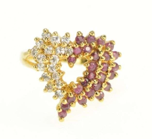 Sterling Silver Retro CZ Sim. Ruby Cluster Heart Love Symbol Ring
