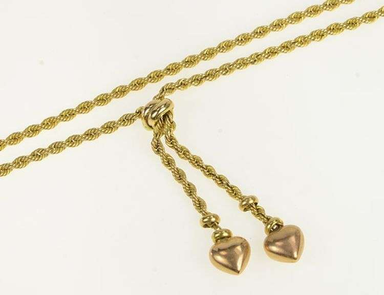 14K Yellow Gold 2.6mm Rope Chain Heart Tassel Fringe Necklace