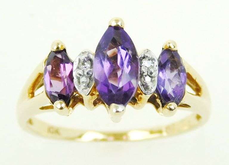 Vintage 10K Amethyst's & Diamonds Ring, 5.75