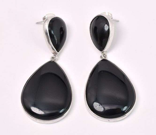 Black Tear Drop Gem Earrings In Sterling Silver