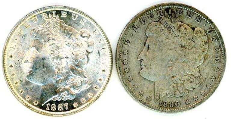 2 Different Morgan Silver Dollars: 1887 & 1890-O
