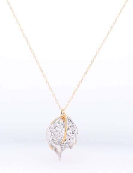Handsome Cubic Zirconia Leaf Pendant on Chain in Yellow Gold