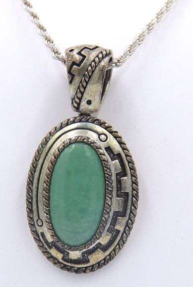 Vintage Sterling Silver Signed Turquoise Pendant on Italian Rope Chain Necklace