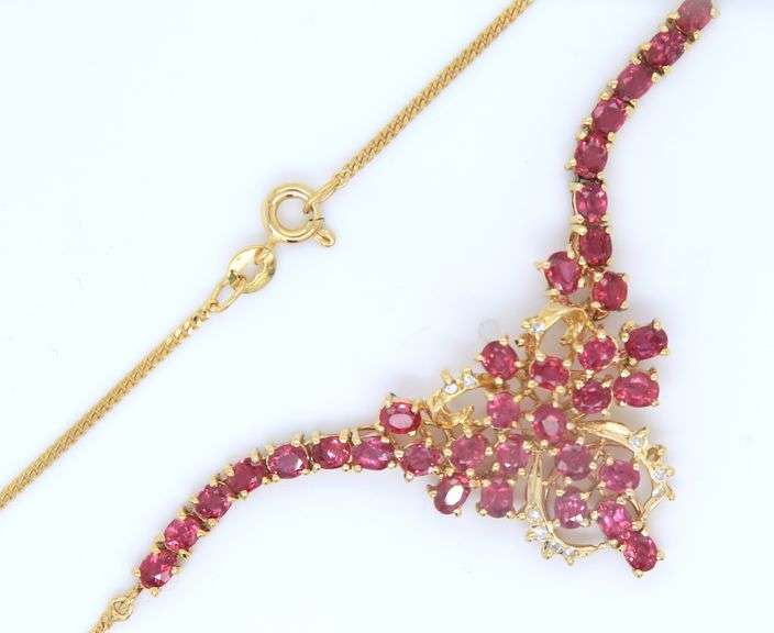 Masterpiece approximate 9.75ctw Ruby and Diamond Thai Necklace and Earrings in Yellow Gold