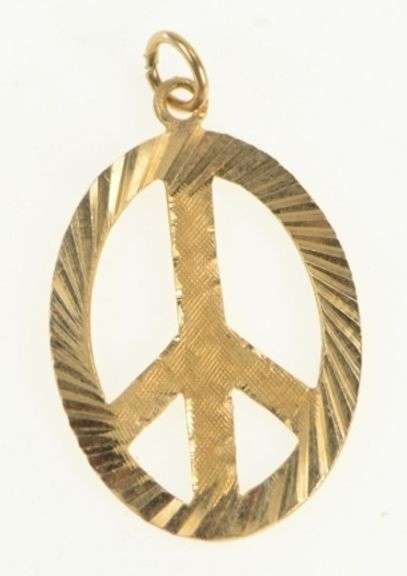 14K Yellow Gold Oval Textured Pattern Peace Symbol Charm/Pendant