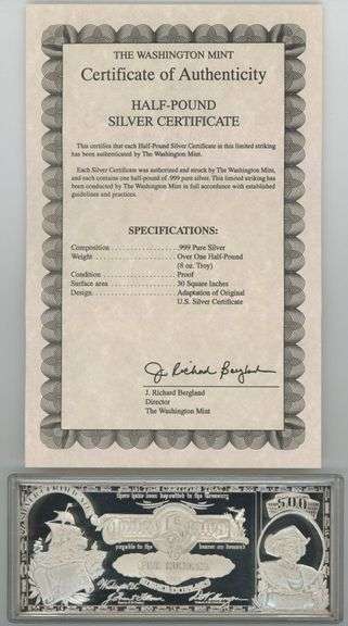 Great Pure 8 Troy Oz .999 fine silver $500 facsimile bar with COA