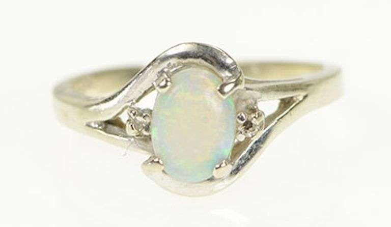 14K White Gold Retro Opal Diamond Accent Vintage Bypass Ring