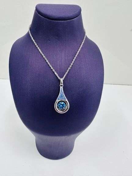 Platinum over 925 non tarnish Sterling silver with large fancy blue pendant