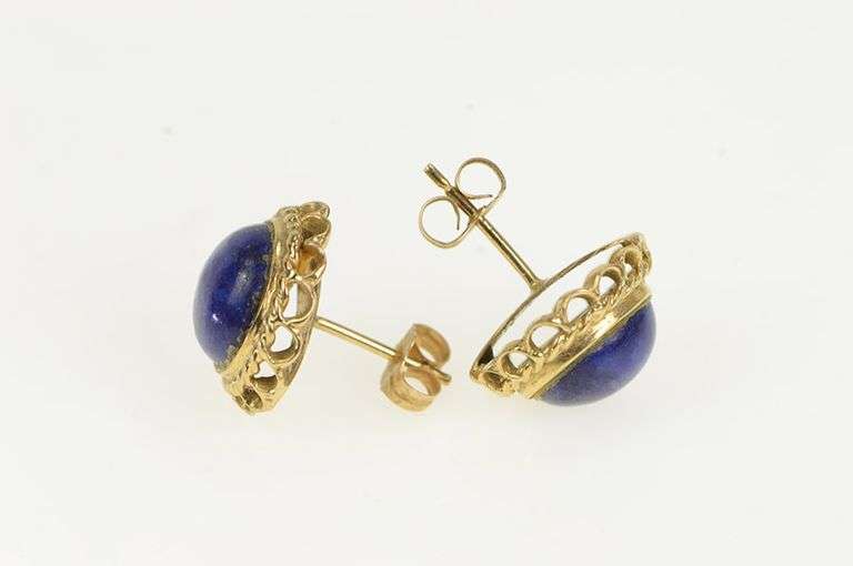 14K Yellow Gold 1960's Ornate Lapis Lazuli Scalloped Stud Earrings