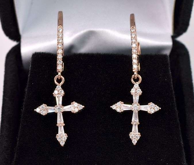 Rose Gold Toned CZ Cross Earrings In Sterling Silver