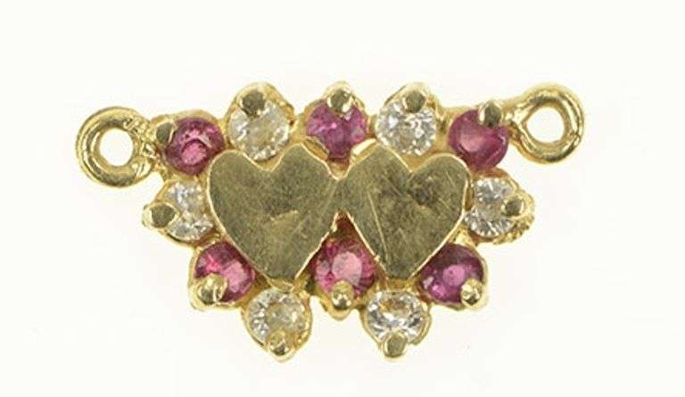 14K Yellow Gold Vintage Heart Red & White CZ Valentine Charm/Pendant