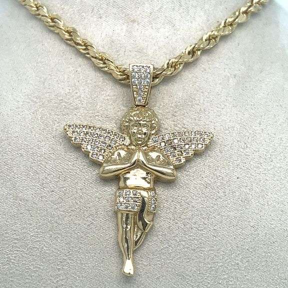 14K YELLOW GOLD ANGEL NECKLACE WITH CUBIC ZIRCONIA STONES