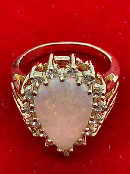 CERTIFIED BRAND NEW LADIES 14KT GOLD, OPAL, AND CZ RING