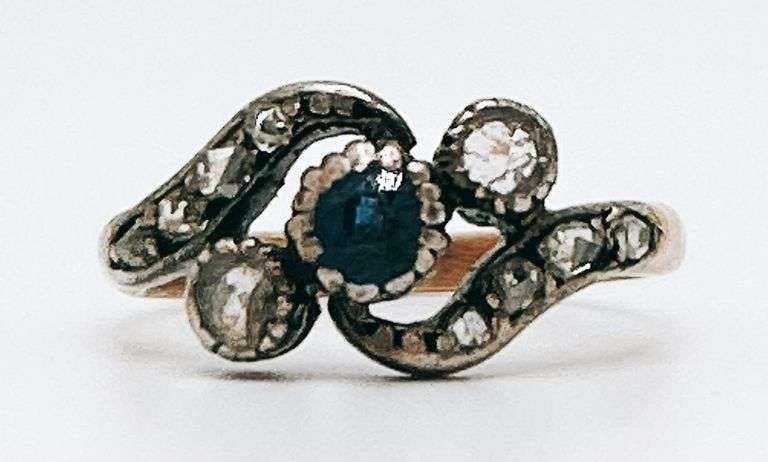 Antique 14kt Rose Gold, Blue Sapphire & Diamond Ring