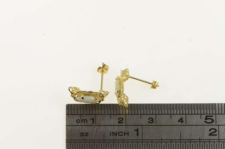 14K Yellow Gold Marquise Opal Ornate Filigree Stud Earrings