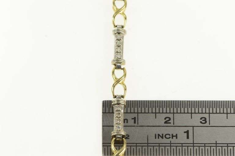 14K Yellow Gold Two Tone Diamond Bar Link X Criss Cross Bracelet
