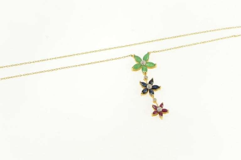 14K Yellow Gold Emerald Ruby Sapphire Diamond Flower Drop Necklace