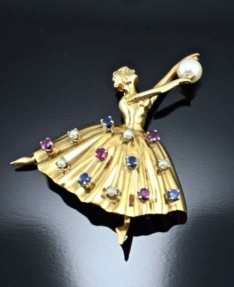 Charming 14K Ballerina Multi-Gemstone Brooch