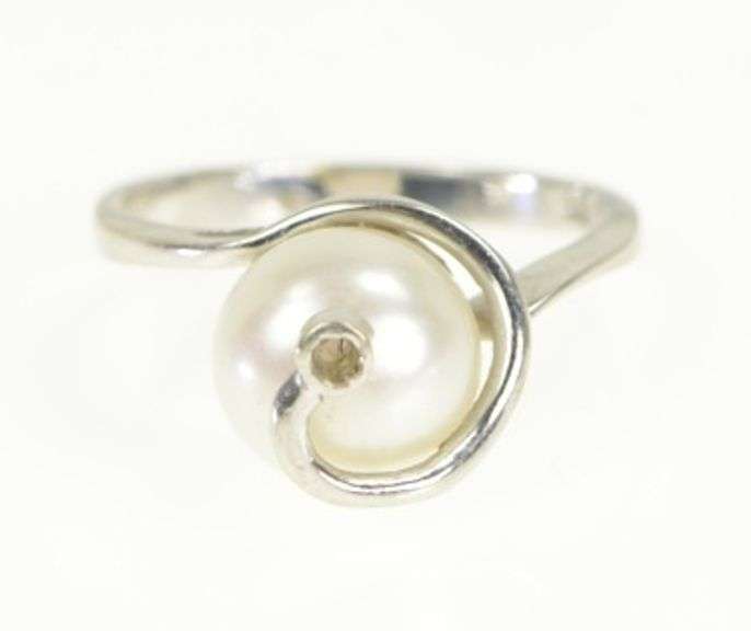 14K White Gold Retro Pearl Swirl Design Statement Vintage Ring