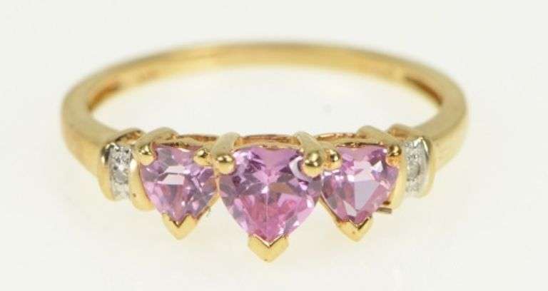 10K Yellow Gold Three Stone Pink Topaz Heart Diamond Accent Ring