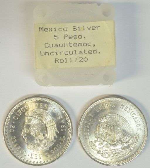 Uncirculated Roll of 20 Large 1948 Mexico 5 Peso Silver Pieces