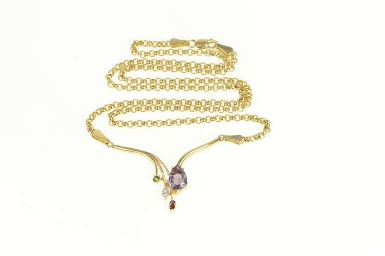 14K Yellow Gold Syn. Alexandrite Diamond Chevron Rolo Chain Necklace