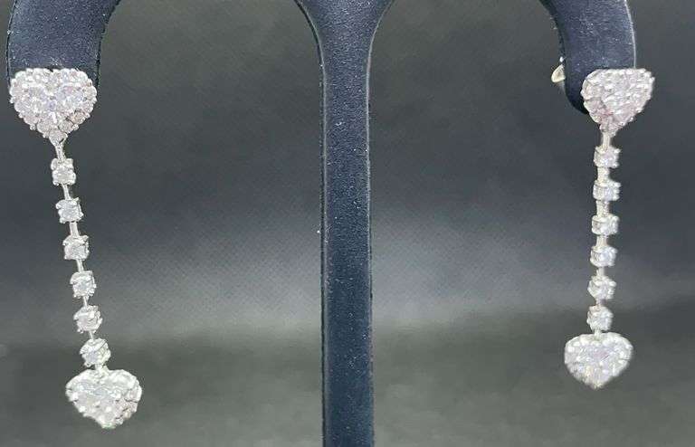 DIAMOND DOUBLE-HEART SHAPE DANGLE EARRINGS 1.85CT T.W. ROUND-CUT IN 14K WHITE GOLD