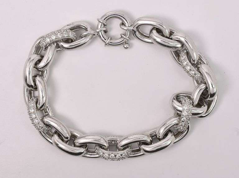 Fancy Link Chain Bracelet With CZ Gems In Sterling Silver