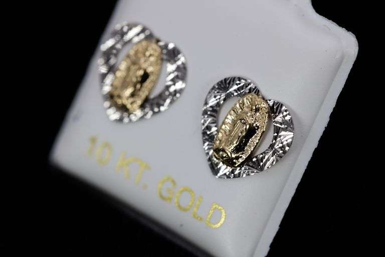10k Yellow & White Gold Virgin Mary Saint White Diamond-Cut Stud Earrings