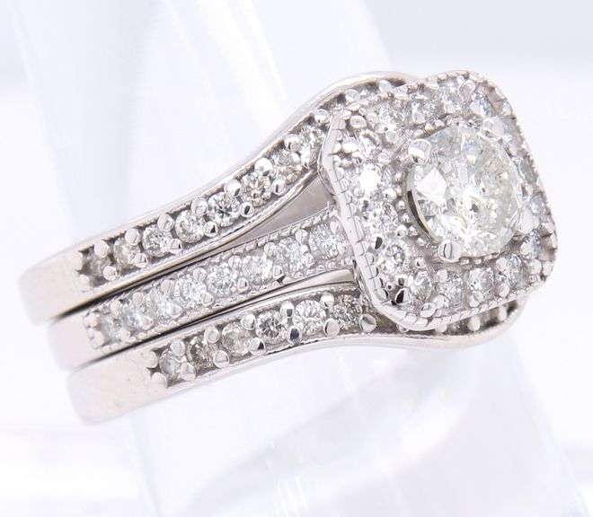 Elegant White Gold Round Brilliant Cut Diamond and Halo Wedding Set
