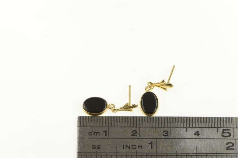 14K Yellow Gold Oval Black Onyx Retro Vintage Dangle Earrings