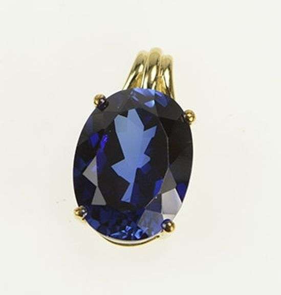 10K Yellow Gold Oval Syn. Sapphire Solitaire Vintage Statement Pendant