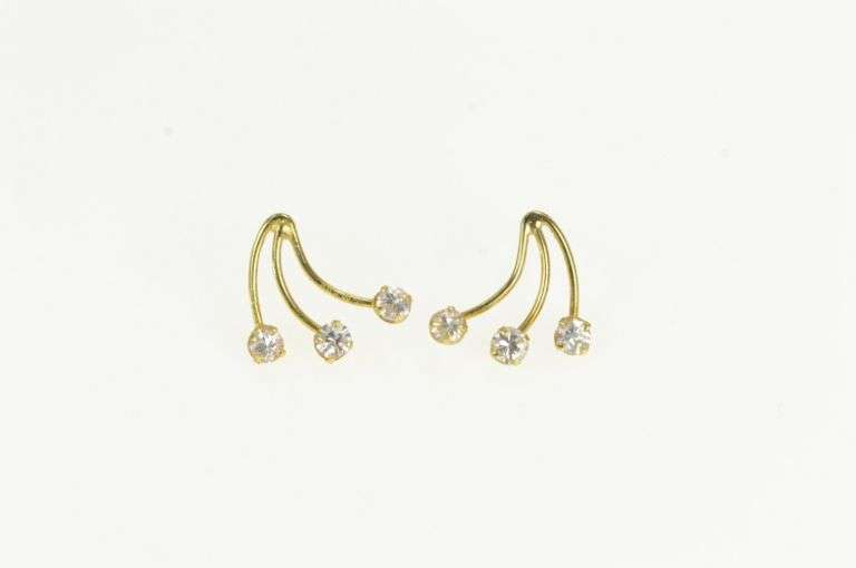 14K Yellow Gold Fanned CZ Curved Bar Vintage Stud Earrings