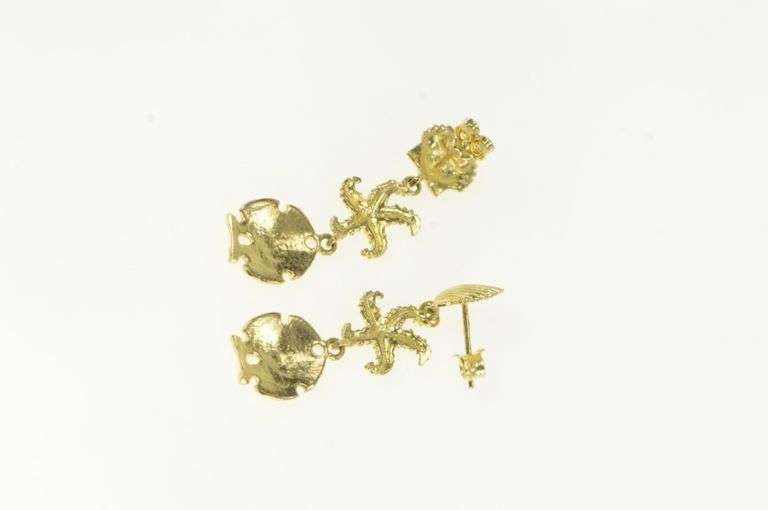 14K Yellow Gold Sea Shell Ocean Beach Motif Star Fish Dangle Earrings