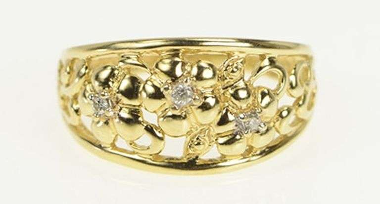 14K Yellow Gold Diamond Domed Flower Floral Statement Ring