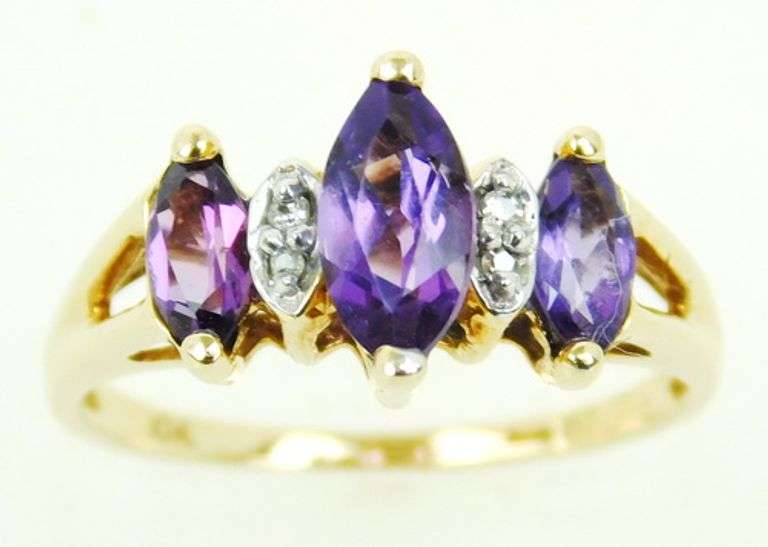 Vintage 10K Amethyst's & Diamonds Ring, 5.75