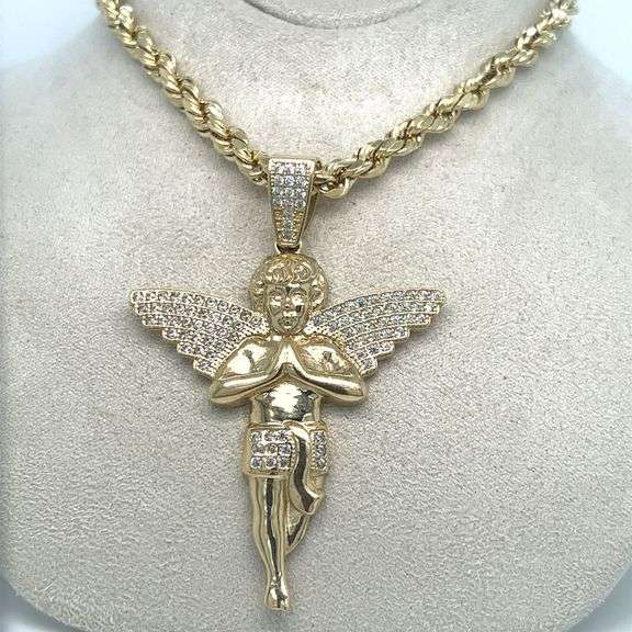 14K YELLOW GOLD ANGEL NECKLACE WITH CUBIC ZIRCONIA STONES