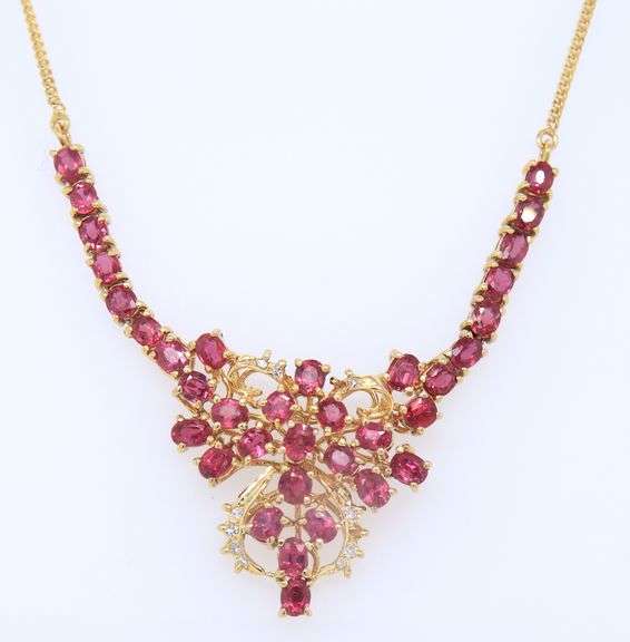 Masterpiece approximate 9.75ctw Ruby and Diamond Thai Necklace and Earrings in Yellow Gold