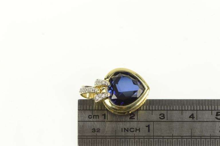 10K Yellow Gold Pear Syn. Sapphire Diamond Vintage Statement Pendant