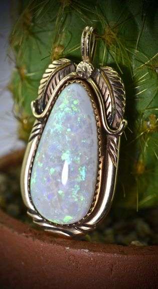 Signed Native American-Style 14K Opal Pendant