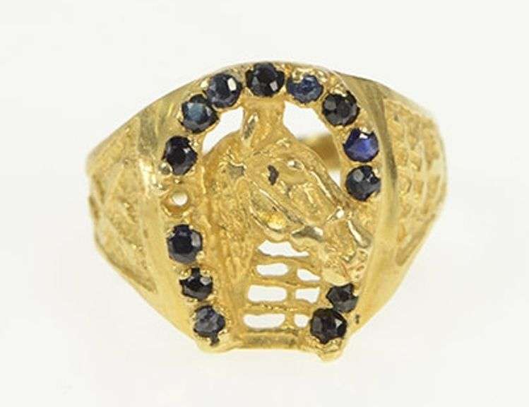 14K Yellow Gold Sapphire Horse Shoe Equestrian Polo Vintage Ring