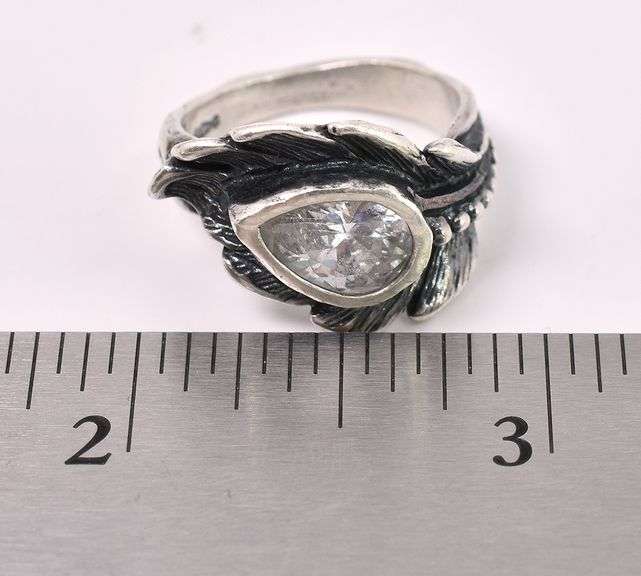 Feather Ring With CZ In Sterling Silver