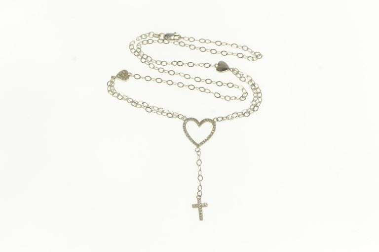 14K White Gold Heart Cross Drop Dangle Christian Chain Necklace
