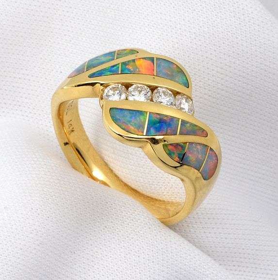 Fashionable 14k Opal Inlay Ring with Diamonds