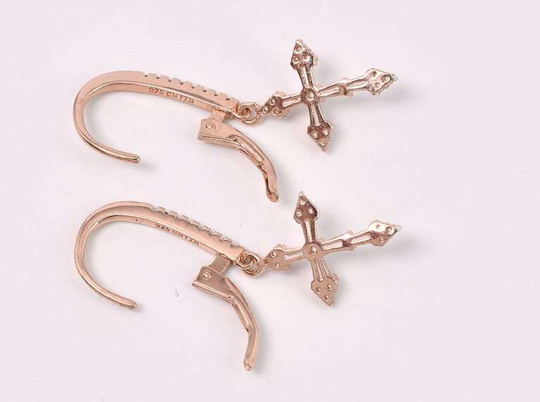 Rose Gold Toned CZ Cross Earrings In Sterling Silver