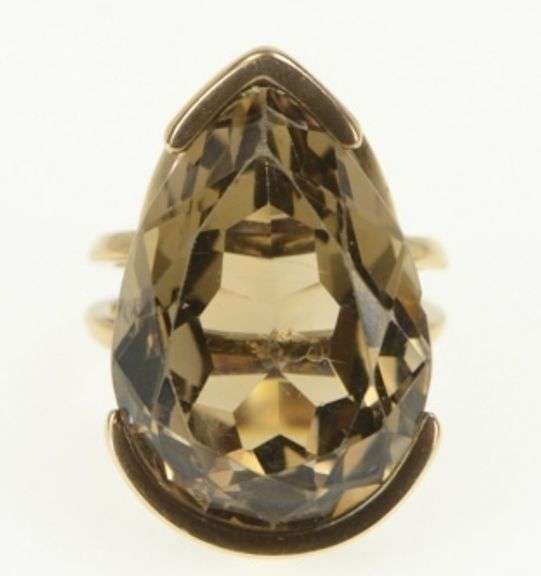 14K Yellow Gold Pear Smoky Quartz Retro Vintage Large Cocktail Ring