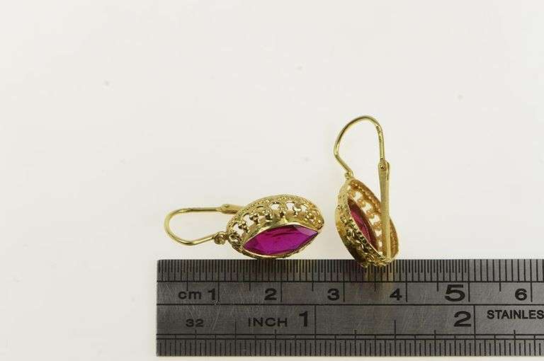 14K Yellow Gold Marquise Syn. Ruby Ornate Filigree Dangle Earrings