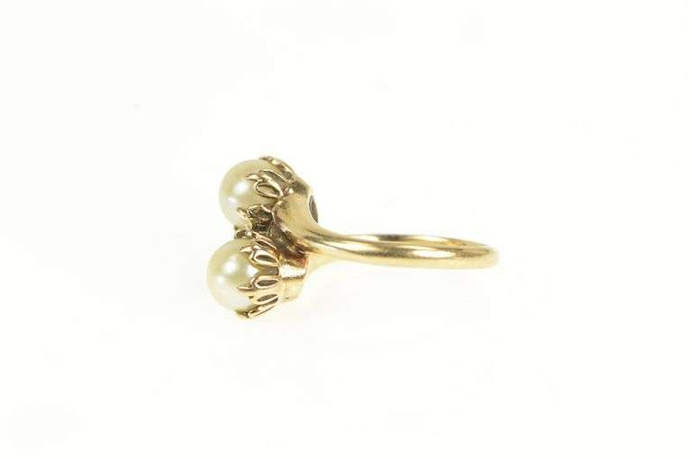 14K Yellow Gold 1950's Pearl Ornate Vintage Bypass Statement Ring